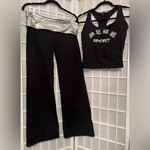 BEBE SPORT Black and Silver Women's Workout Gym Yoga Pants & Sports Bra Top Set